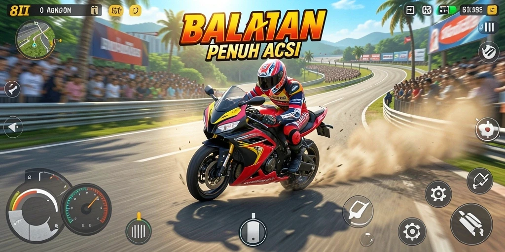 Tampilan gameplay 8II dengan balapan motor yang intens.