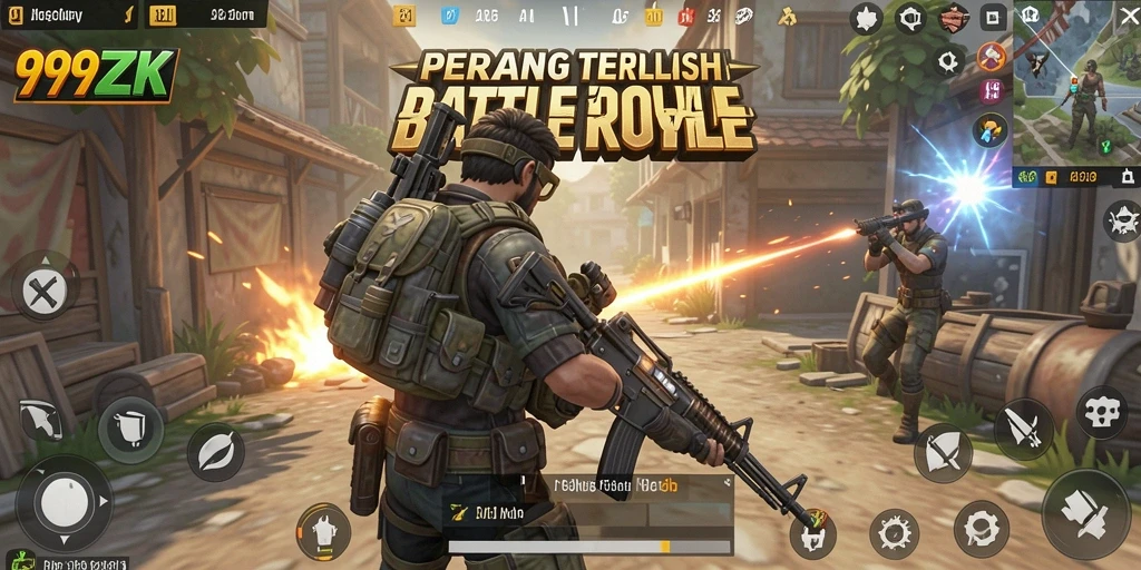 Tampilan screenshot utama 999ZK menampilkan aksi seru di medan perang Battle Royale.