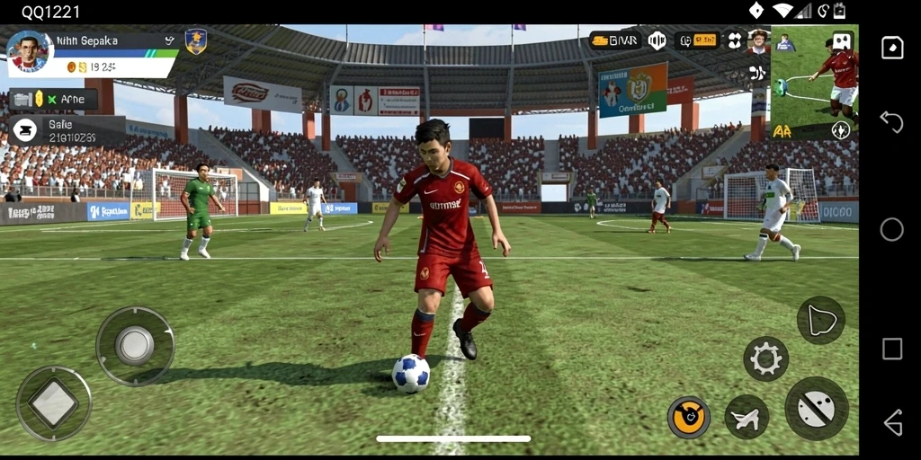 Screenshot gameplay QQ1221 menunjukkan pertandingan sepak bola yang seru.