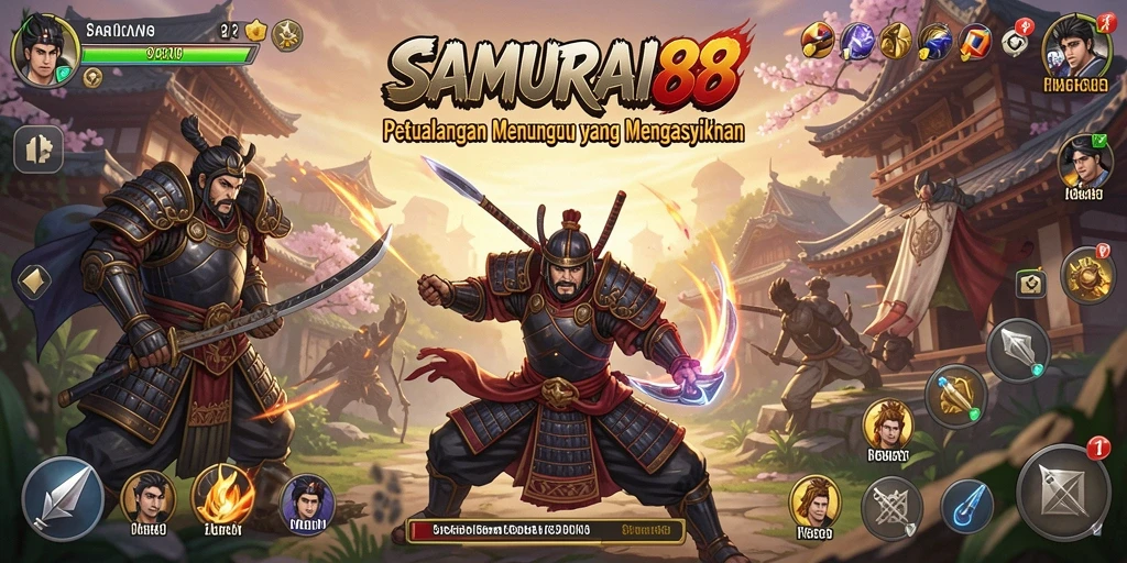 Tampilan menarik dari <strong>SAMURAI88</strong> yang menunjukkan karakter samurai dalam pertempuran idle.